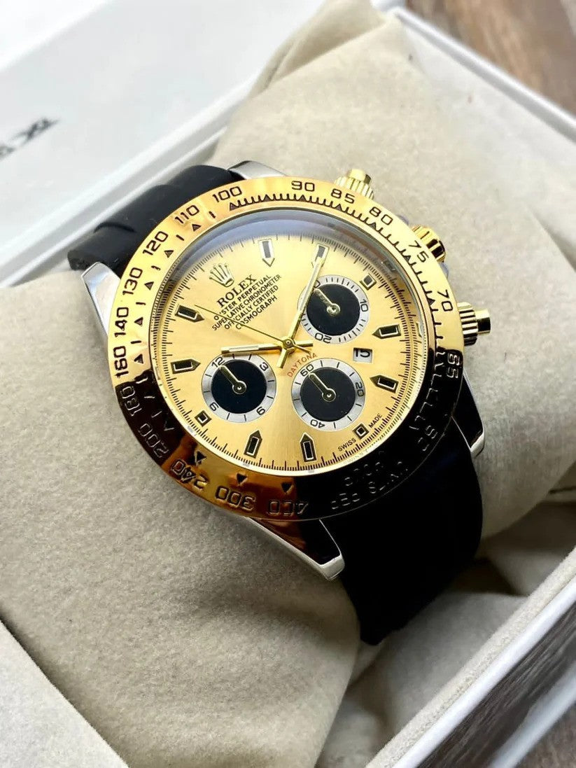 Rolex Gold Dial Watch with Revolving Unit Dial, Premium Rubber Straps & King Master Lock | Regal Timepieces