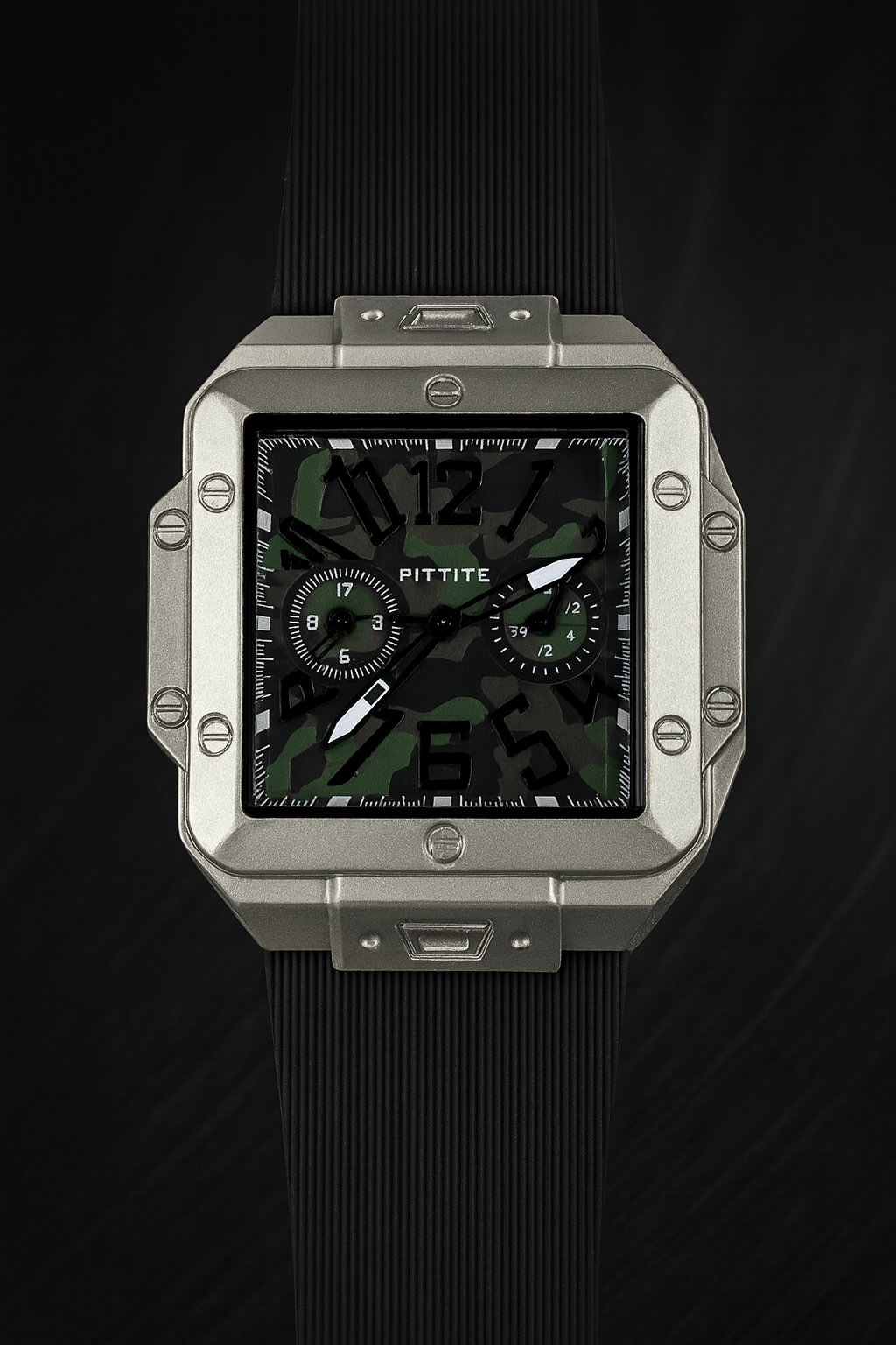 Men’s Square Dial Camouflage Chronograph Watch – Premium Stainless Steel Case & Silicone Strap