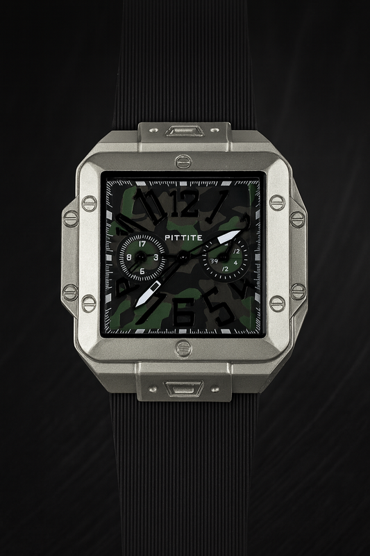 Men’s Square Dial Camouflage Chronograph Watch – Premium Stainless Steel Case & Silicone Strap