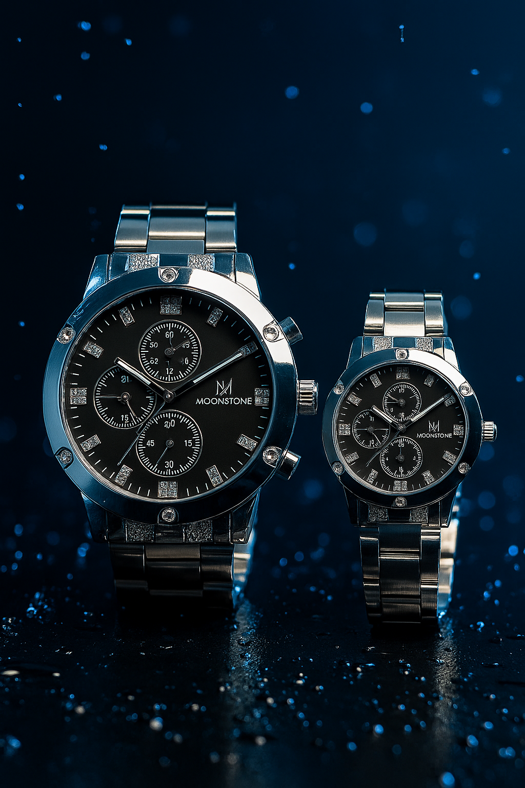 Moon Stone Couple Watch Set – Stainless Steel His & Her Timepieces | Regal Timepieces